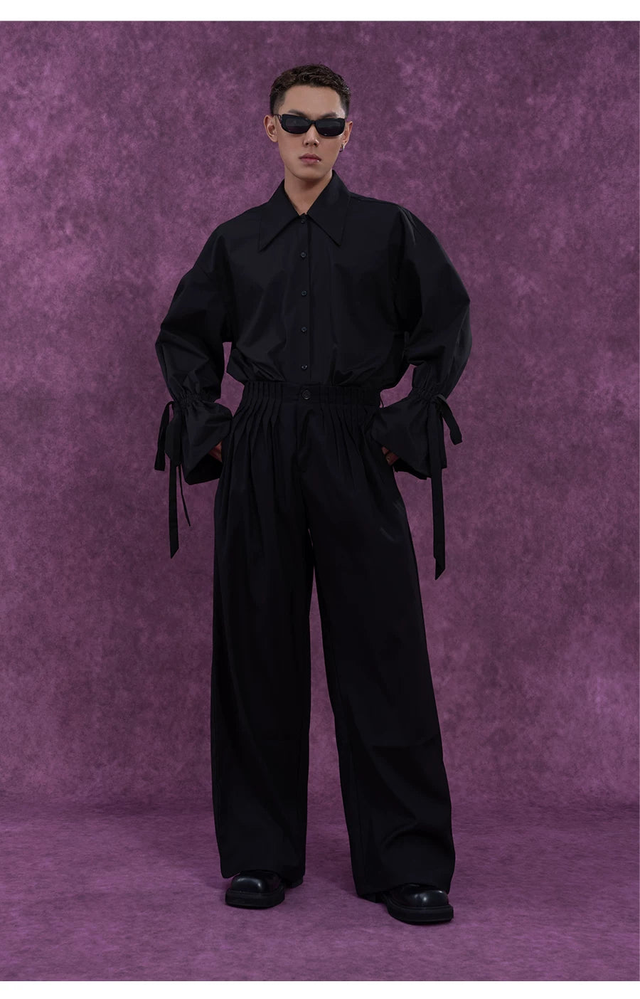 Men's Long-Sleeve Black-and-White Ruffled Sash Shirt