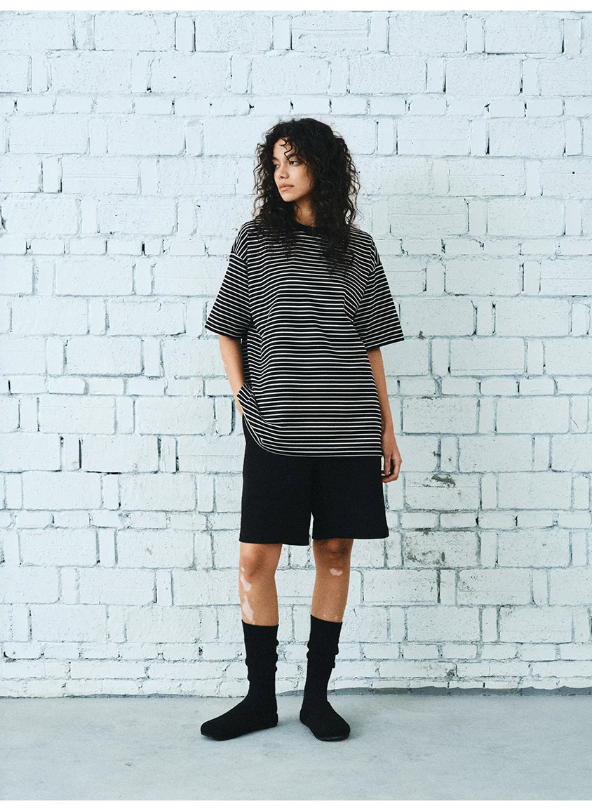 Black White Striped Cotton Silk T-Shirt