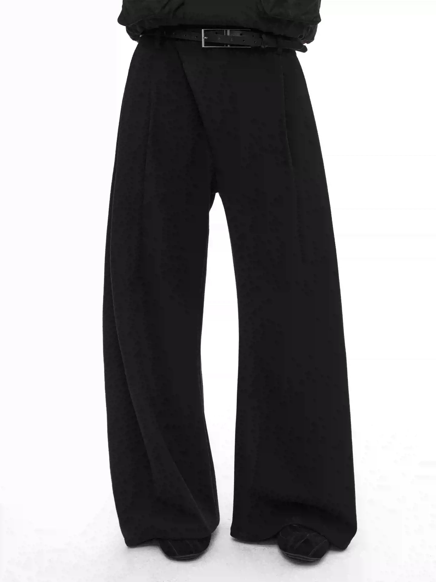 Slightly Curved Asymmetric Pleated Wool Pants