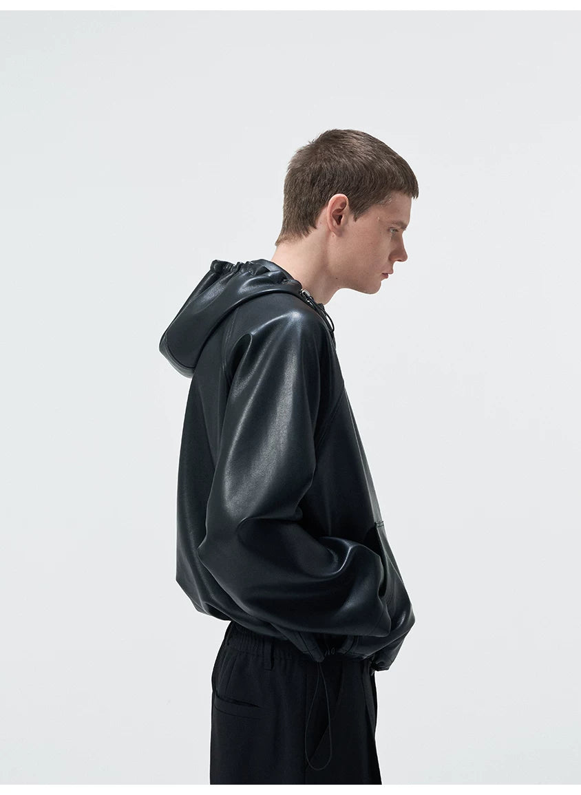Cropped Lambskin PU Hooded Kangaroo Jacket
