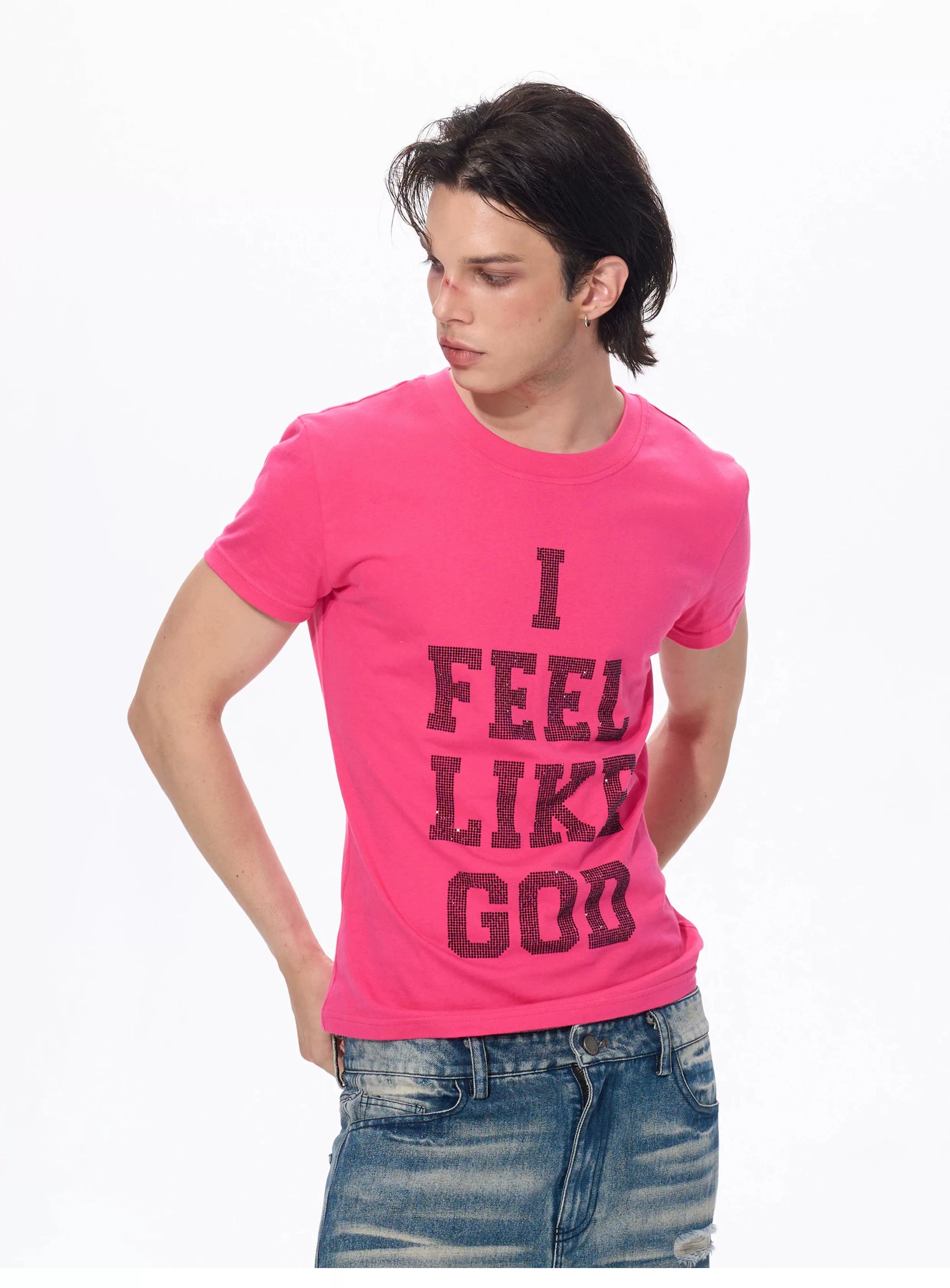 Men's Rhinestone Letter Crew Neck Tees