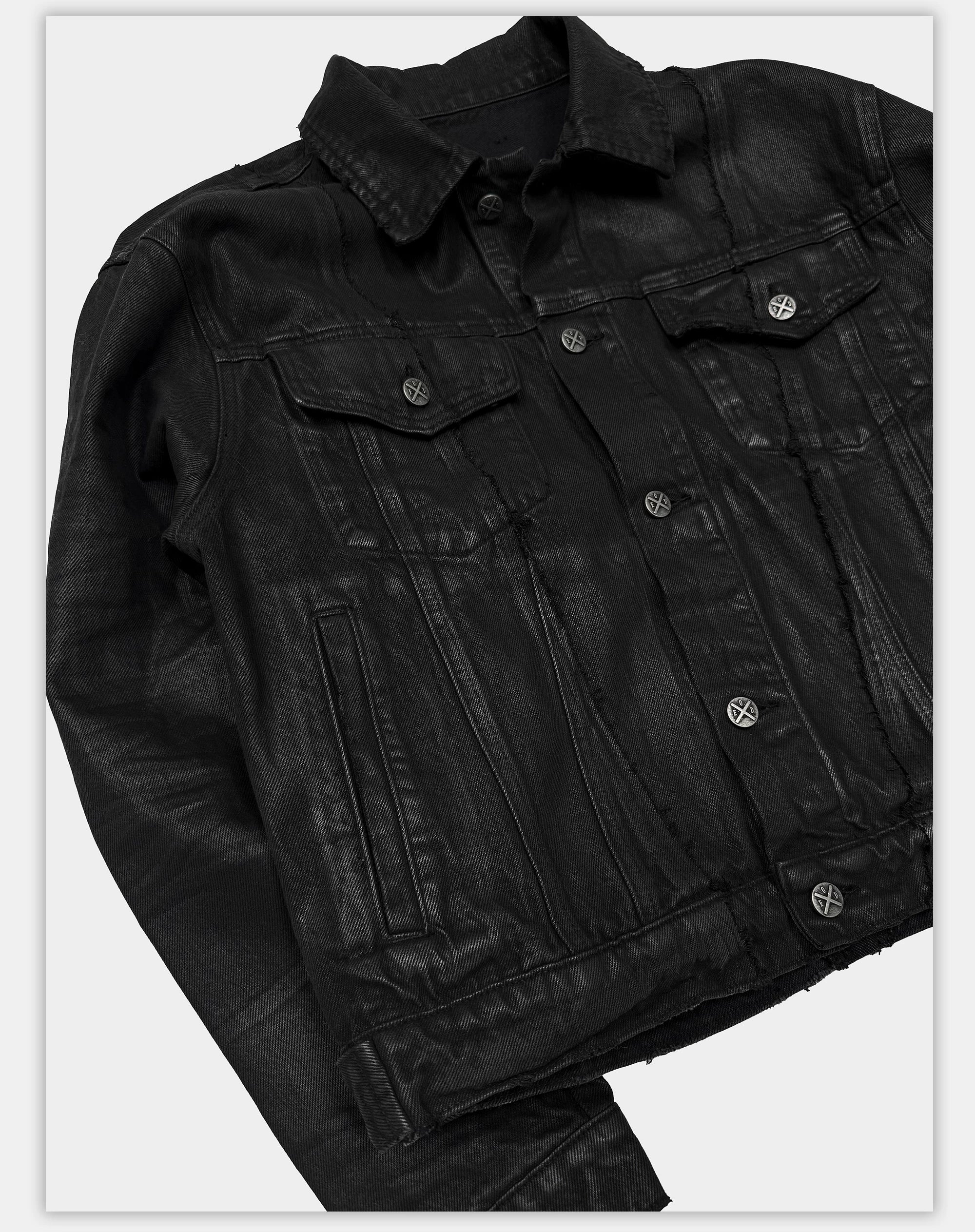 Dark Distressed Patchwork Relaxed Denim Jacket