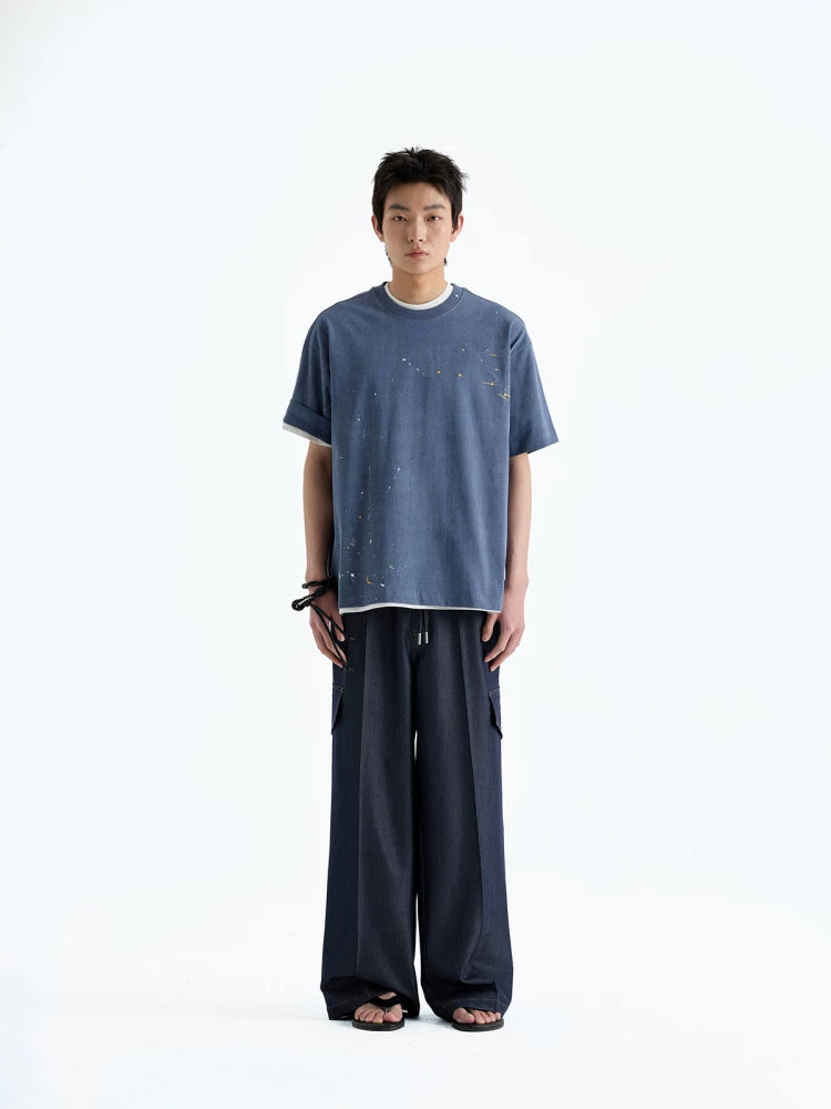 Indigo Denim-Style Drawstring Waist Cargo Pants