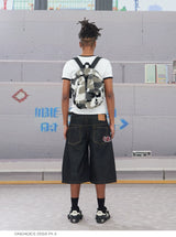 Bat Embroidered Double Waist Denim Shorts
