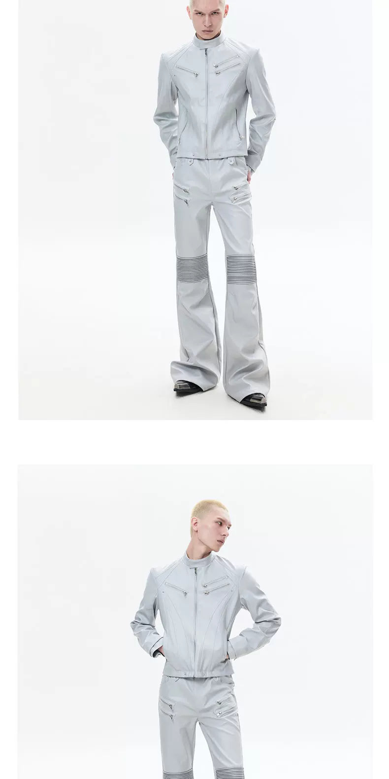 Multi-Zip Coated Moto Leather Flare Pants