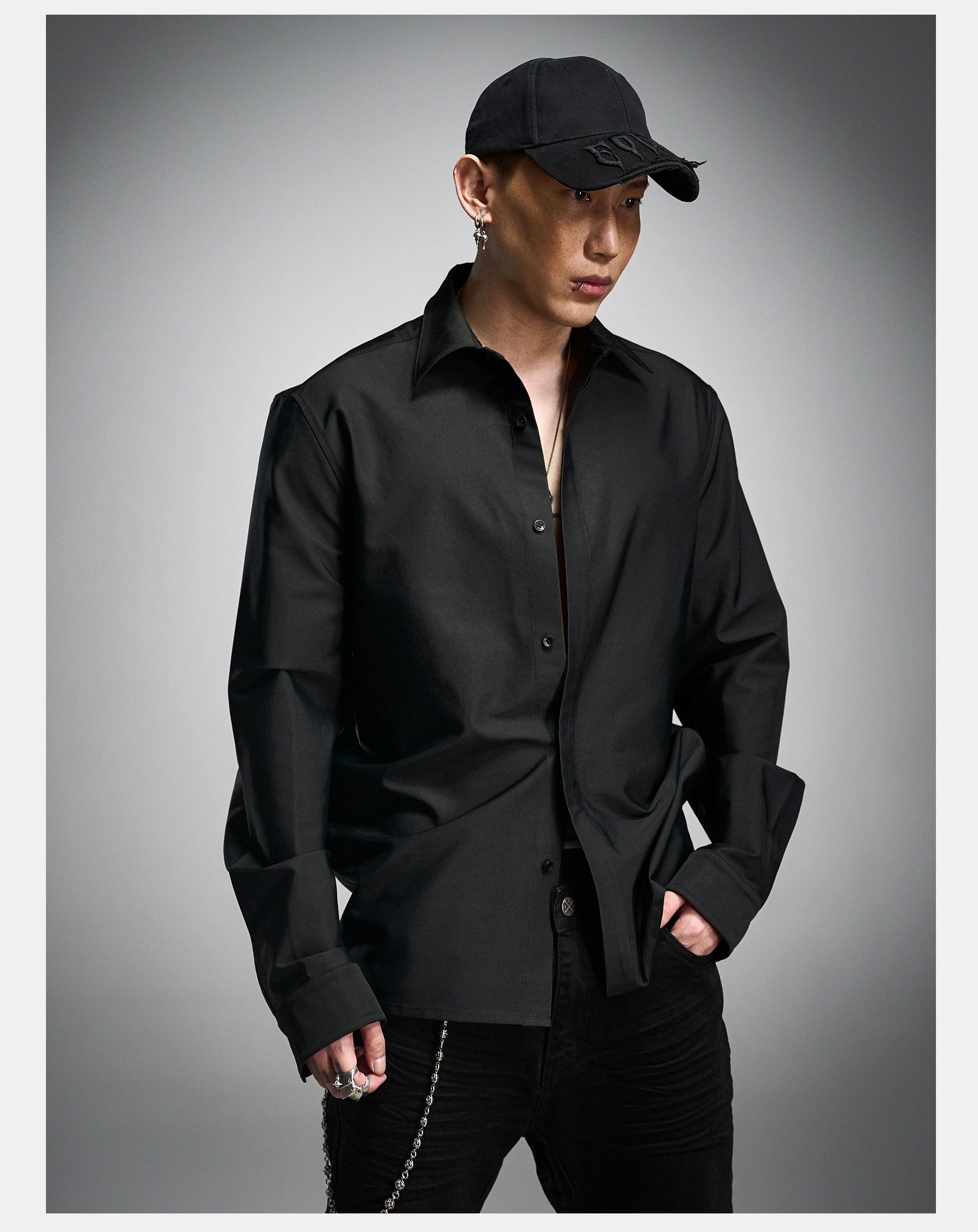 Long Sleeve Ribbed Point Collar Shirt