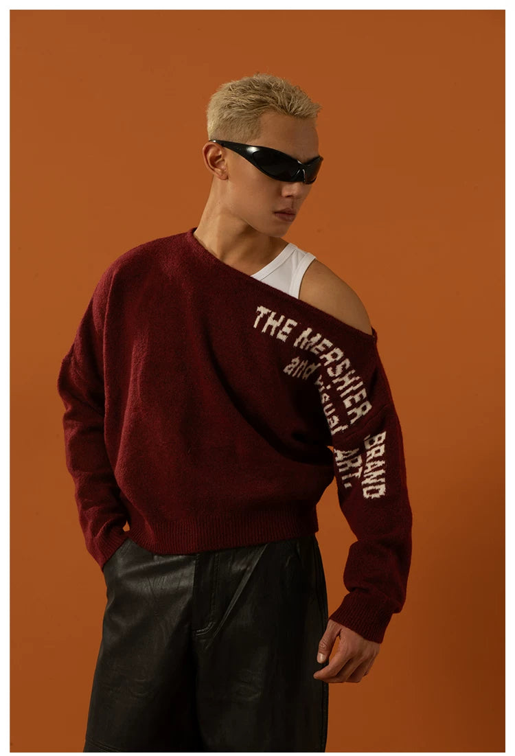 Unisex Black Red Grey Off-shoulder Sweater