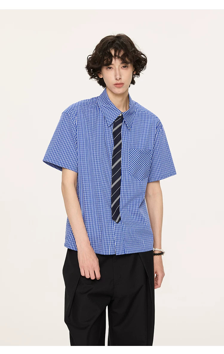 Striped And Houndstooth Short-Sleeved White Shirt