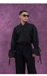 Men's Long-Sleeve Black-and-White Ruffled Sash Shirt