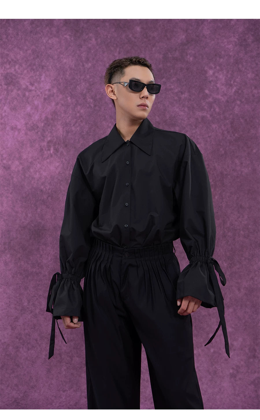 Men's Long-Sleeve Black-and-White Ruffled Sash Shirt
