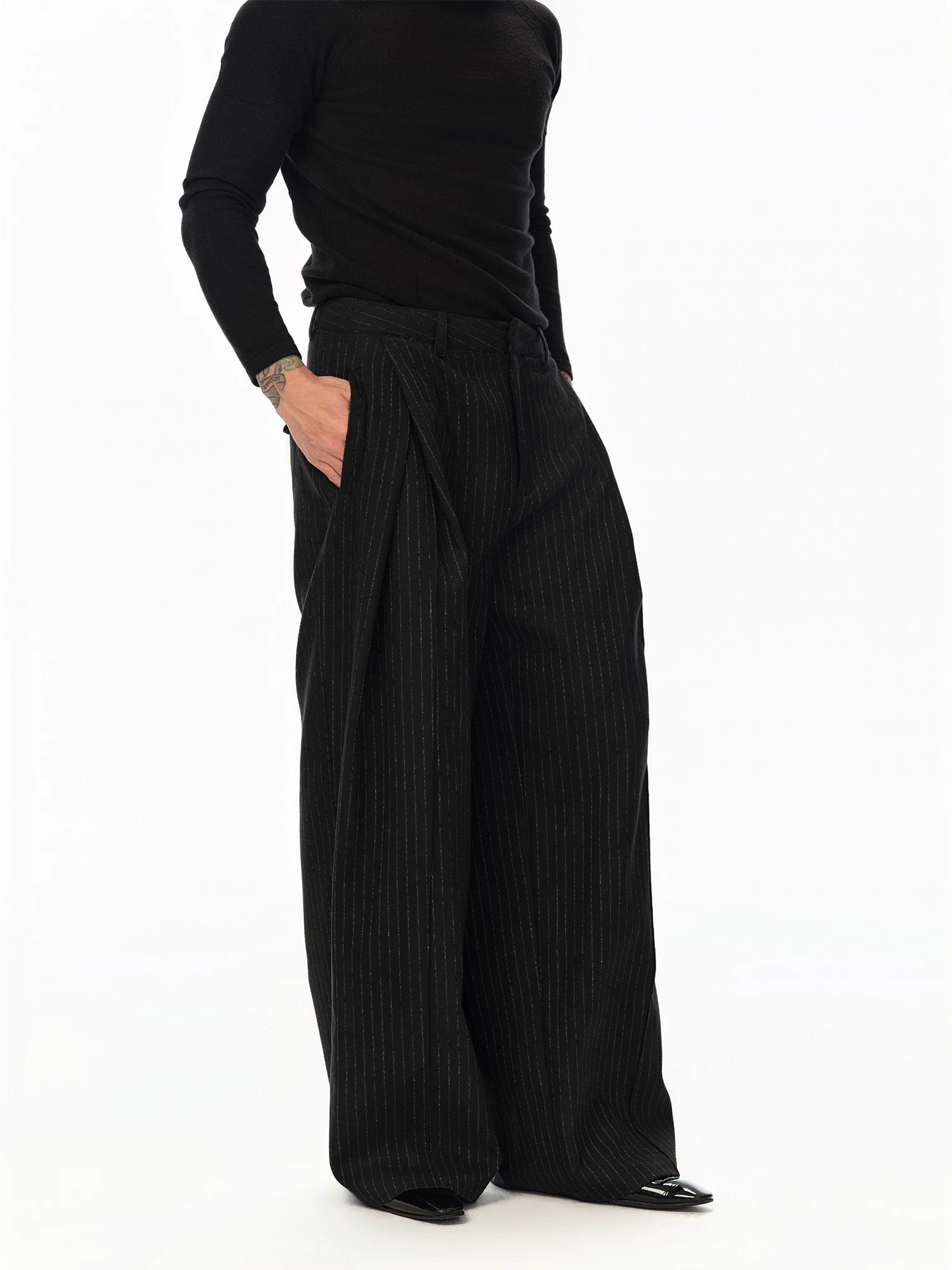Black Vertical Striped Wool Dress Pants