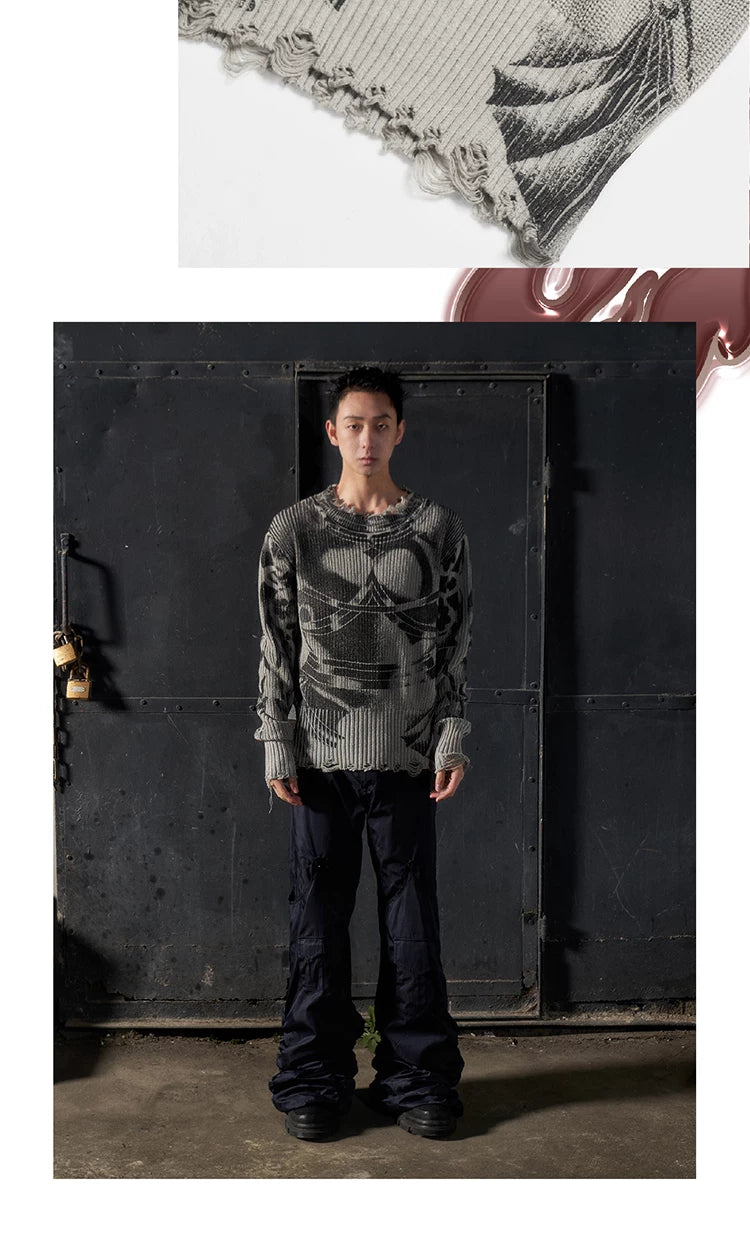 Distressed Knight Armor Print Sweater