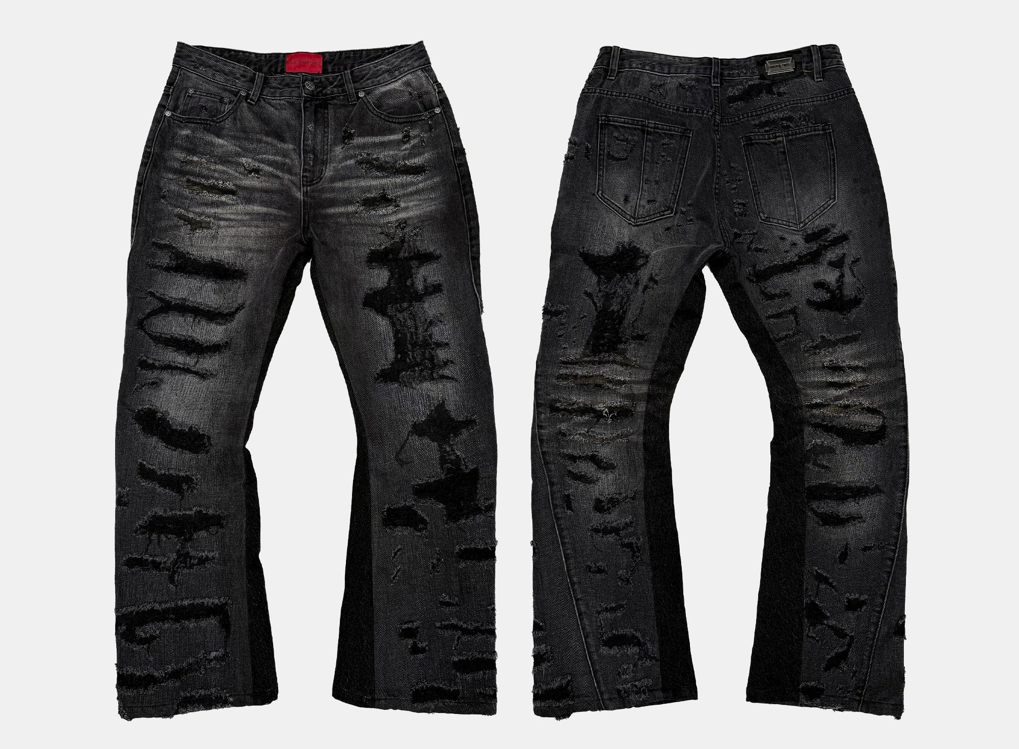 Flared Washed Distressed Patchwork Jeans