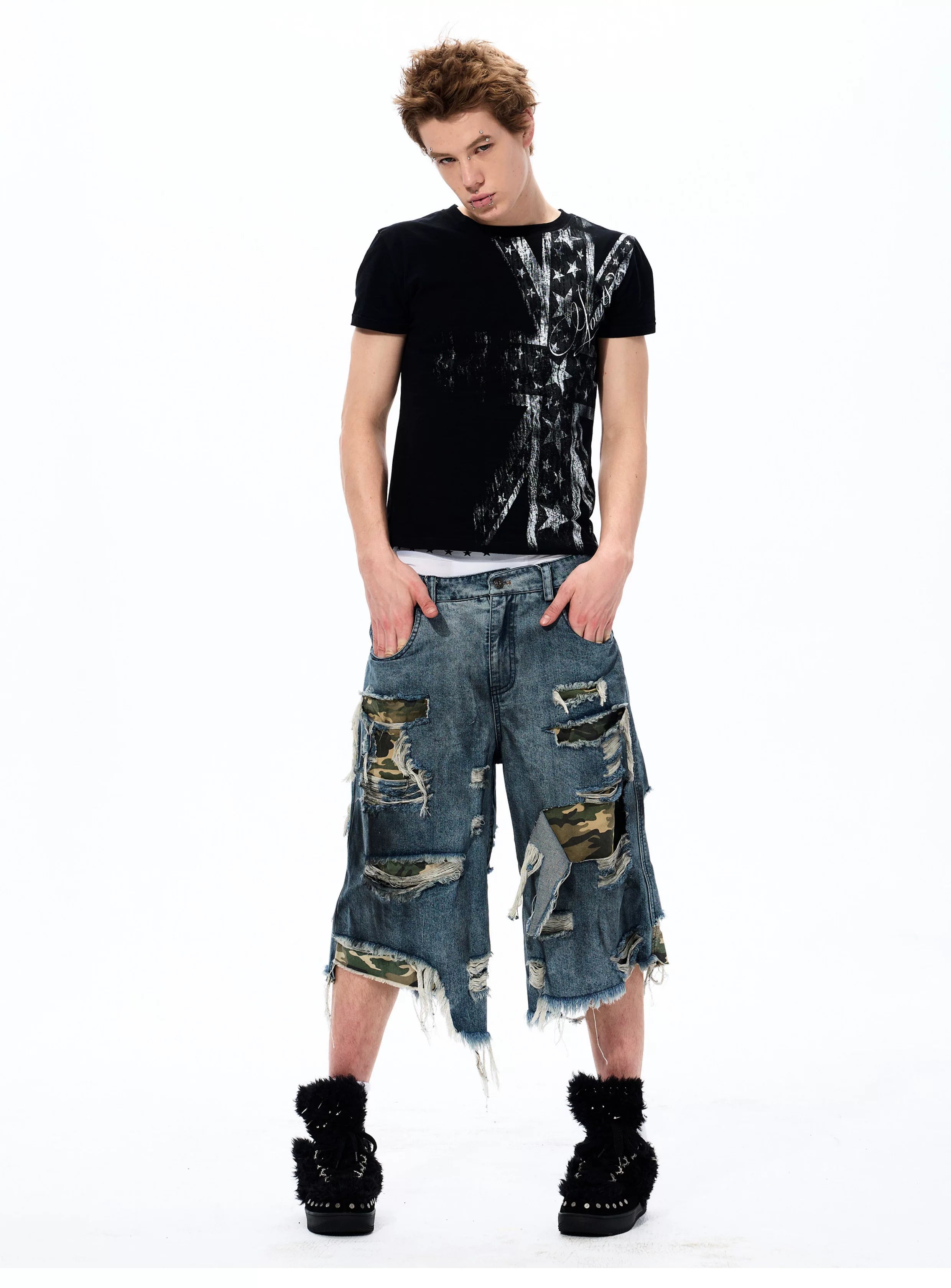 Street Style Splatter Ripped Cropped Pants
