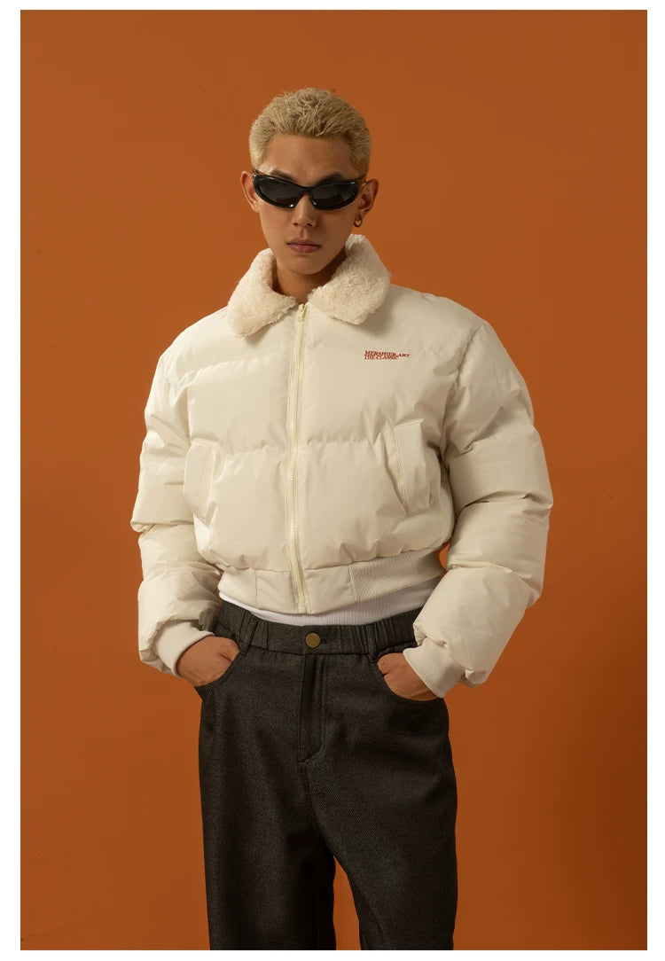 Cropped Collared Faux Shearling Puffer Coat