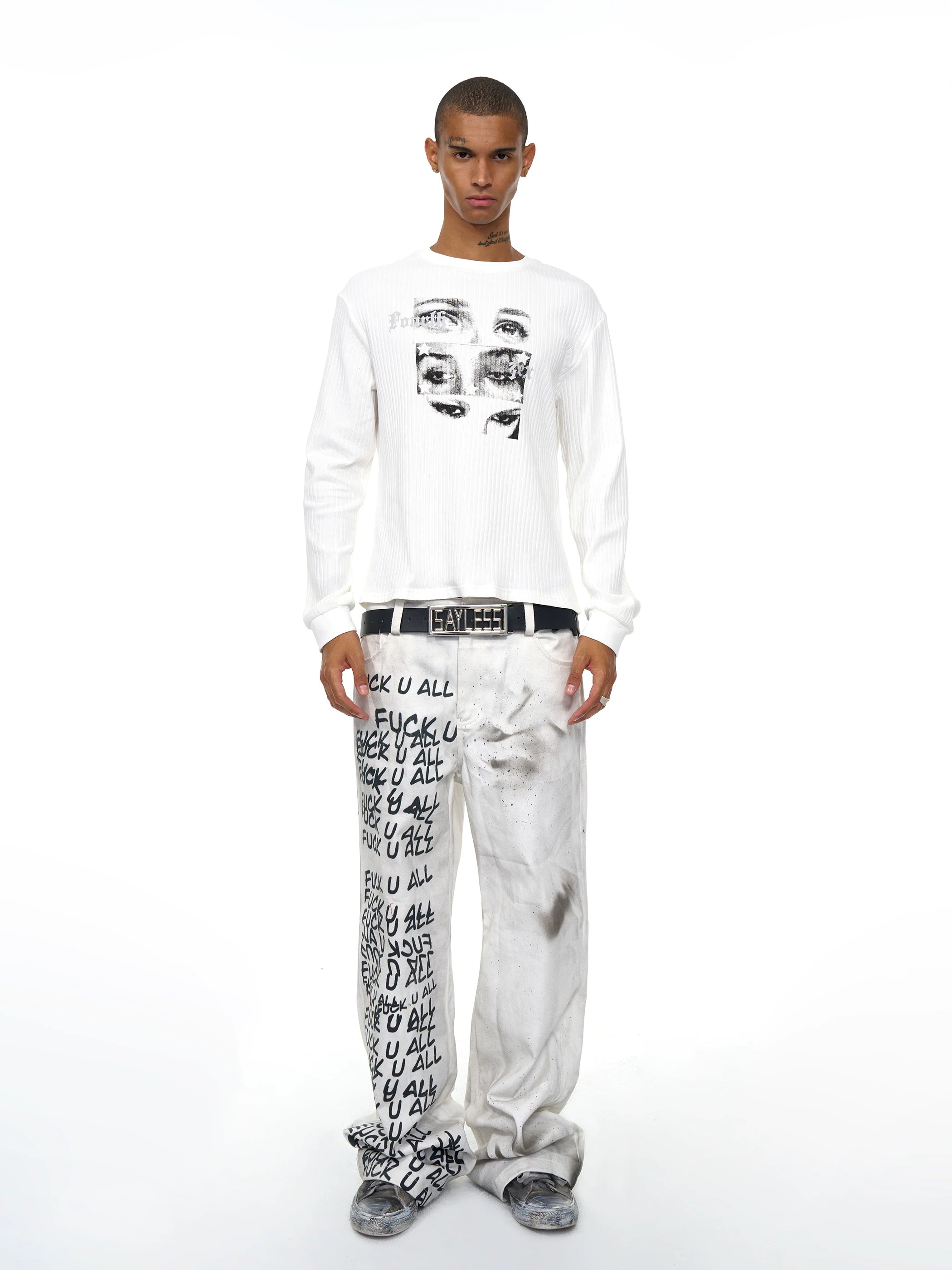 Men's White Eye Print Knit Sweatshirt