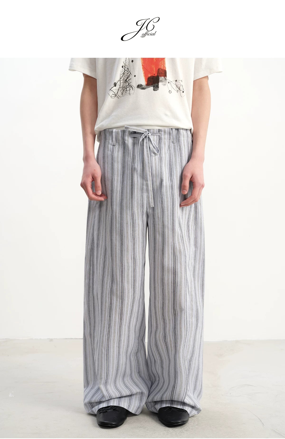 Tie-Front Striped Pleated Linen Pants