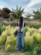 Wide Leg Cuffed Washed Jeans