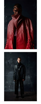 Two-Tone Metal Buckle Leather Trench Coat