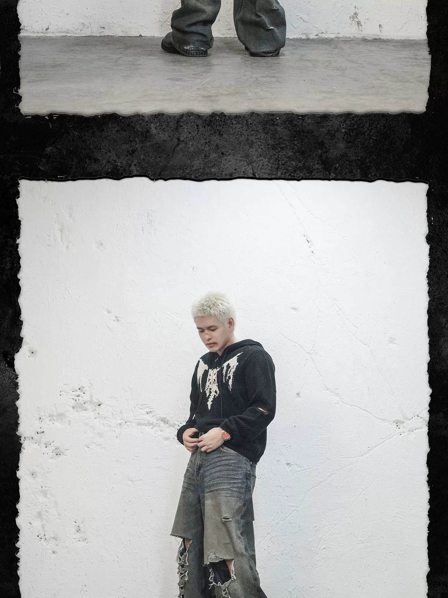 Devil Bone Jacquard Distressed Zip Cardigan