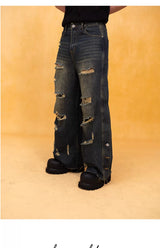 Men's Dark Distressed Slit Wide Jeans