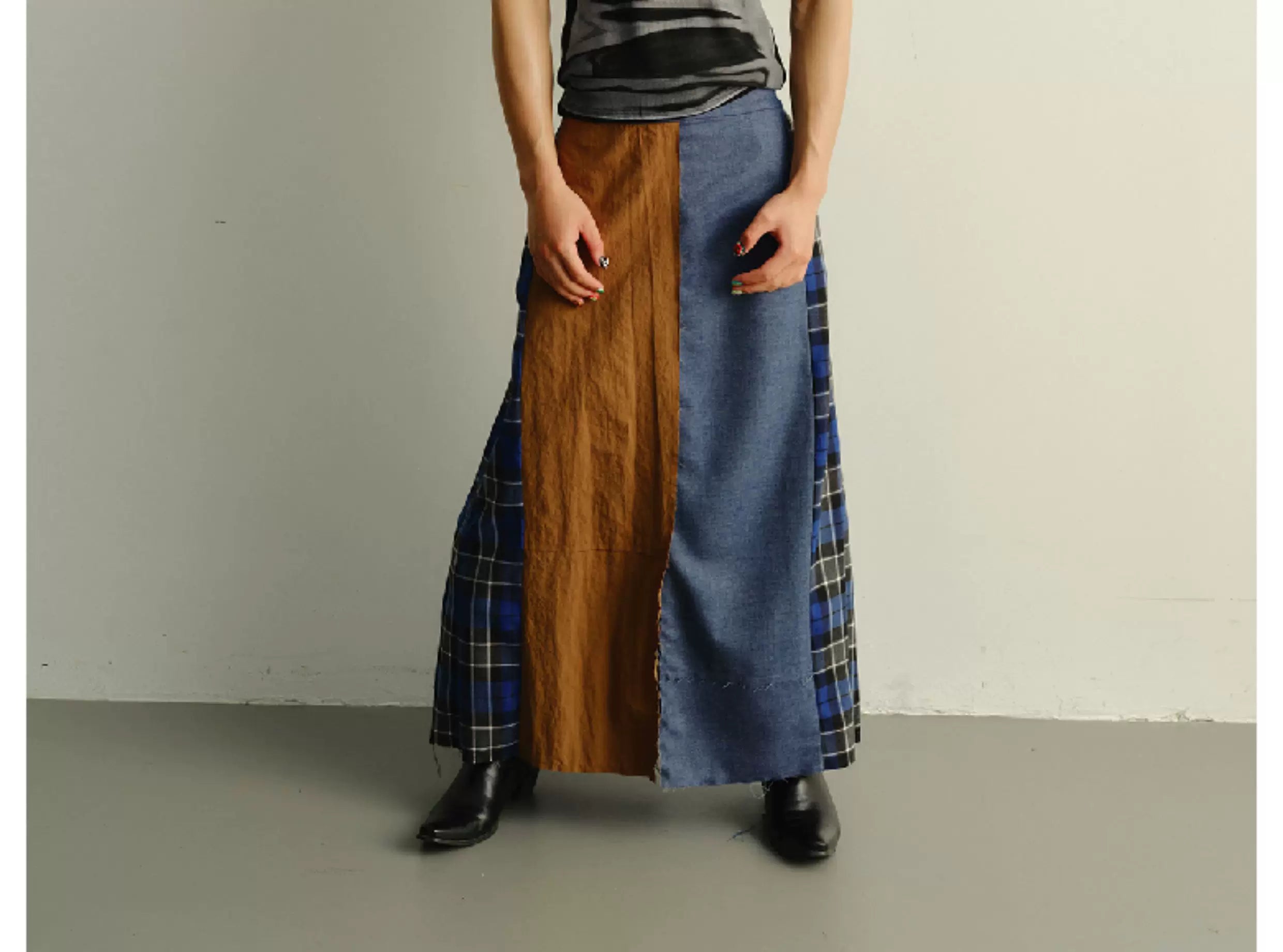 Reversible Pleated Frayed Plaid Denim Skort
