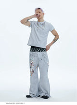 Flared Digital Print Double Waistband Sweatpants