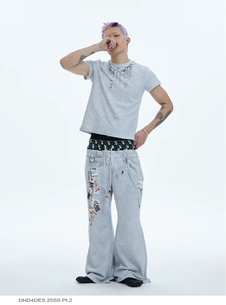 Flared Digital Print Double Waistband Sweatpants