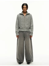 13Oz Sun-Washed Gray Distressed Wide-Leg Jeans