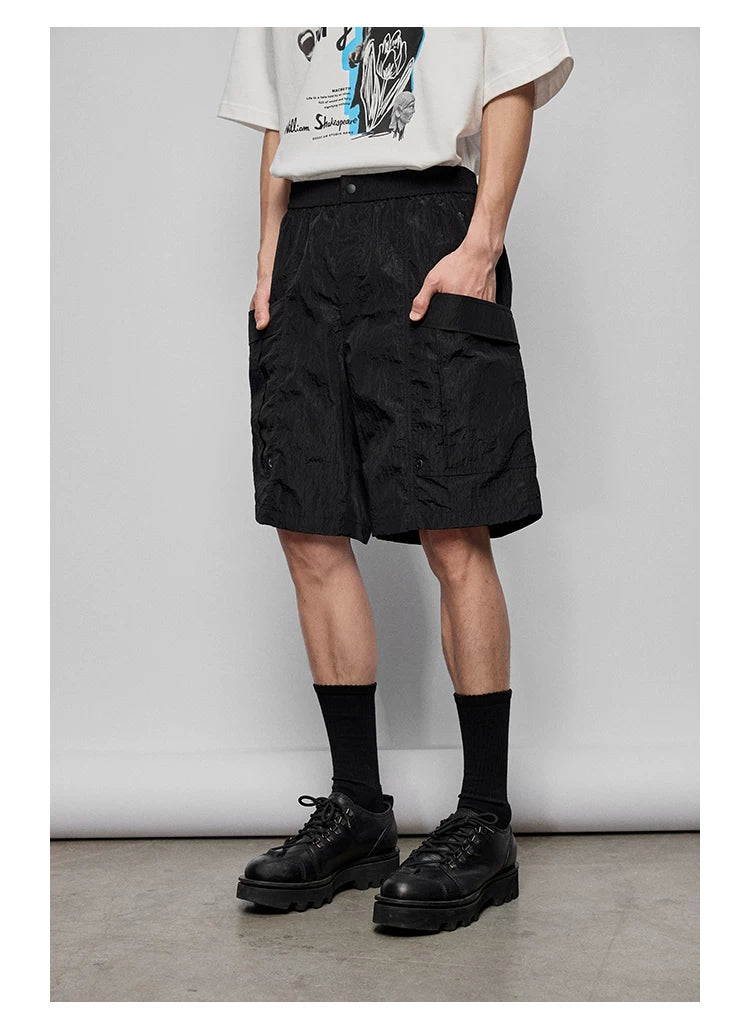 Pleated Metal Nylon Tech Cargo Shorts