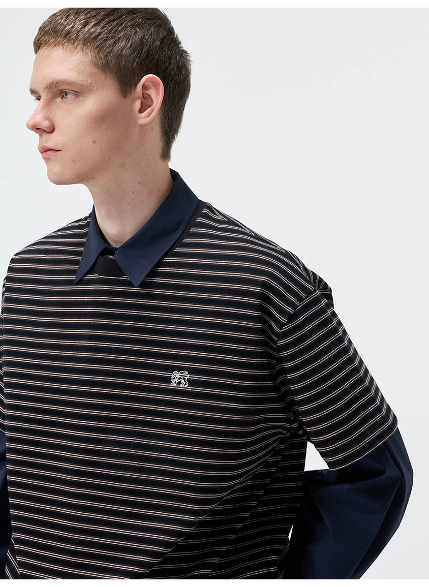 Short Sleeve Striped Embroidered Cotton Tee