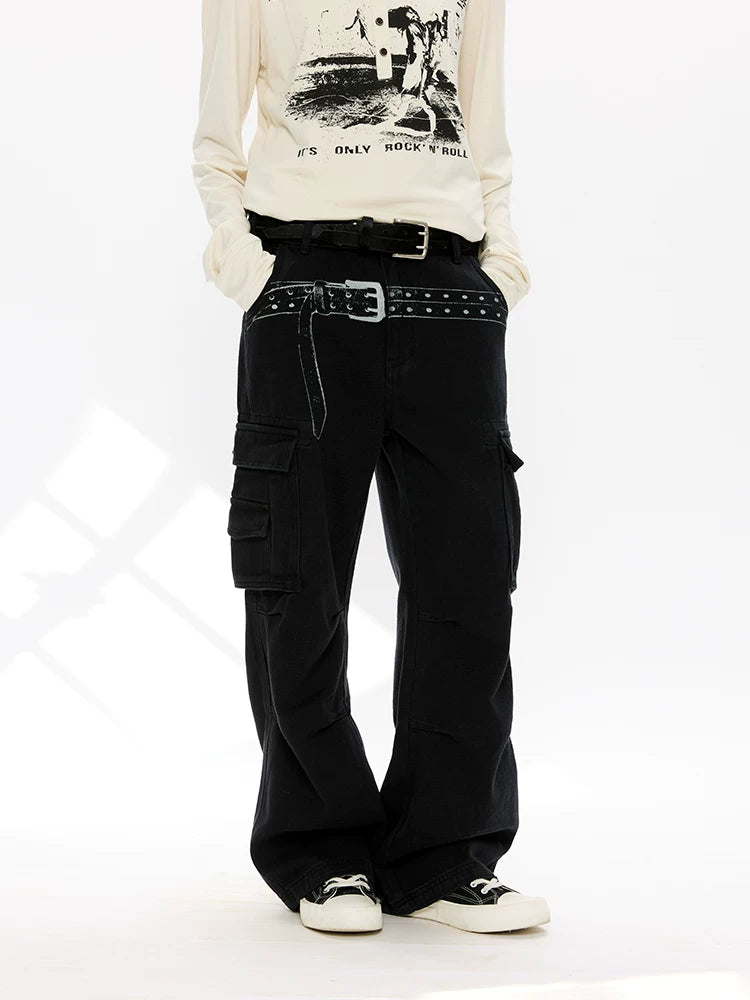 Washed Printed French Blue Cargo Pants
