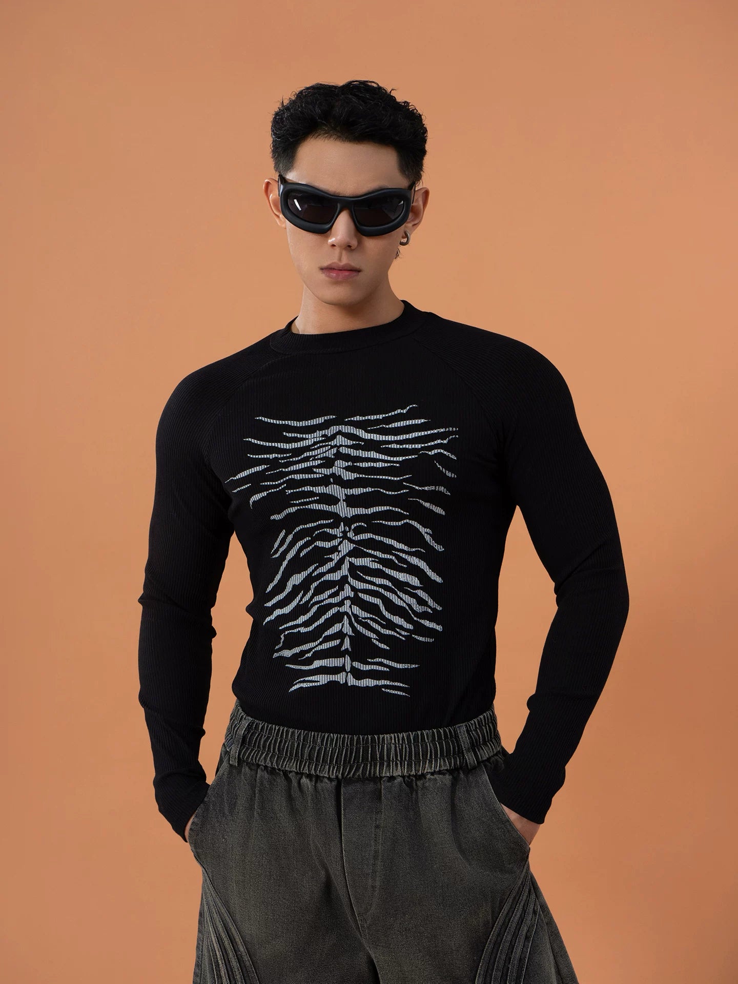 Skeleton Print Ribbed Fitted Long-Sleeve Tee