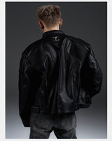 Dark Zip-Up Padded Biker Leather Jacket