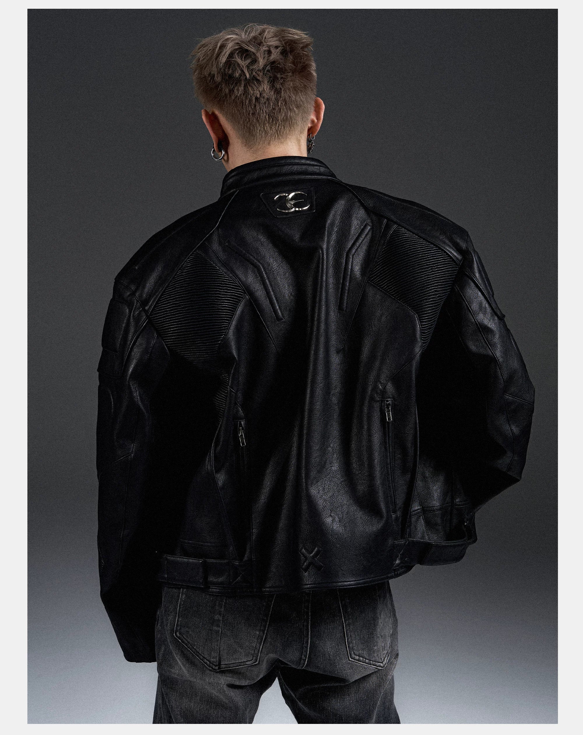 Dark Zip-Up Padded Biker Leather Jacket