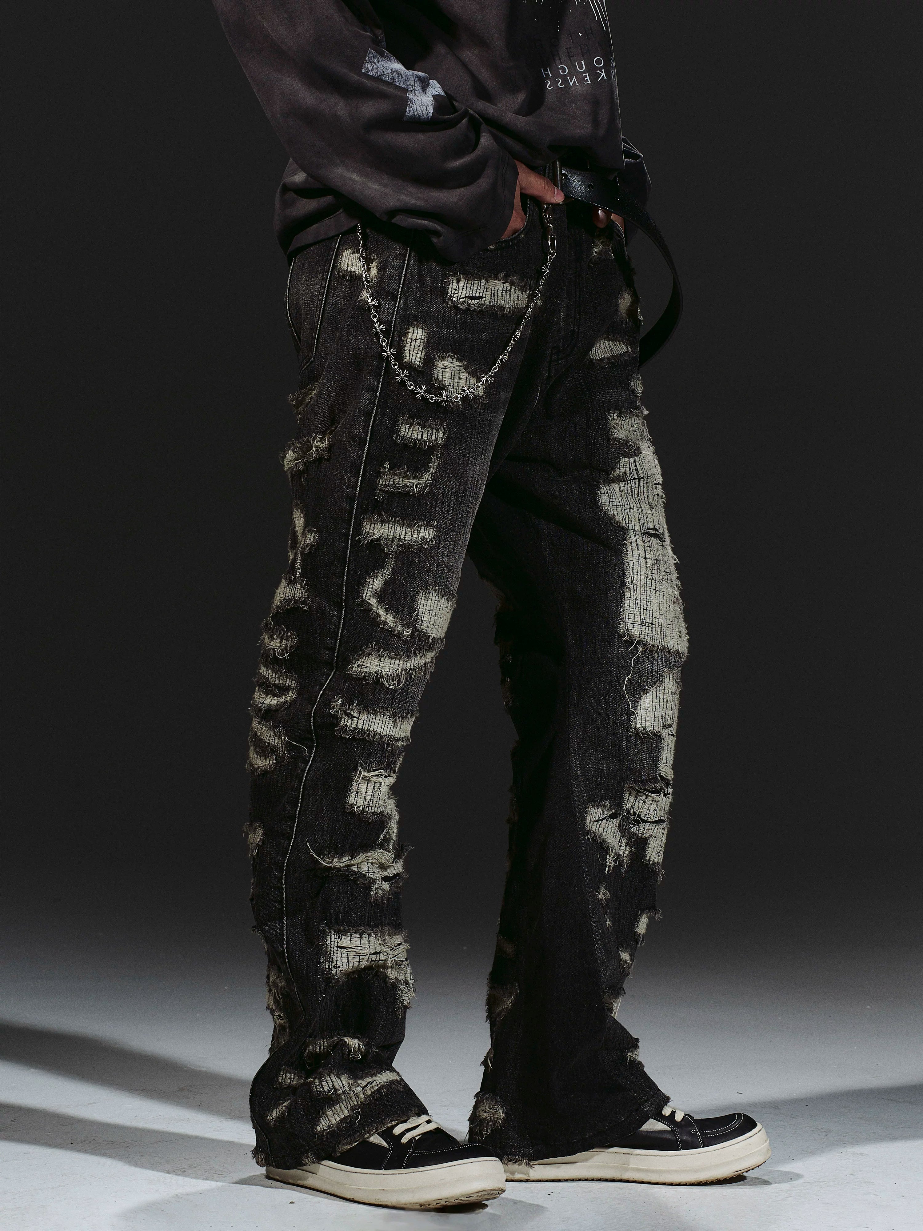 Heavyweight Distressed Embroidered Patchwork Flared Jeans