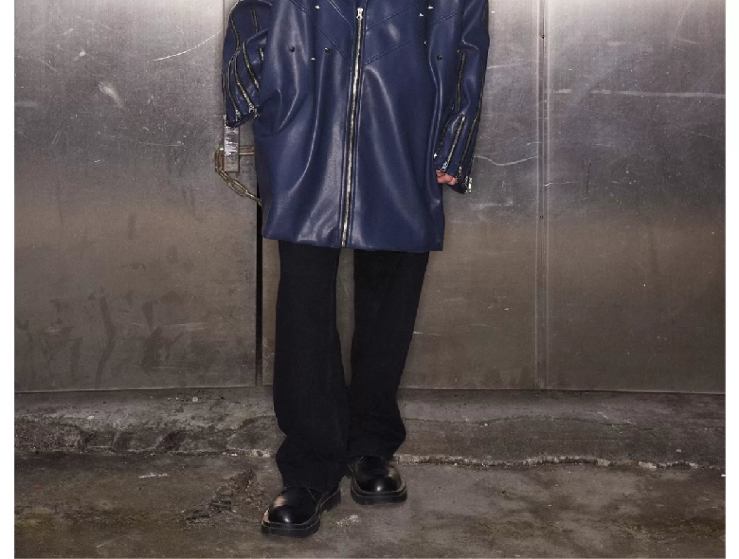 Navy Oversized Multi-Zipper Punk Leather Coat