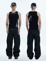 Asymmetric Pleated Studded Raw Denim Jeans