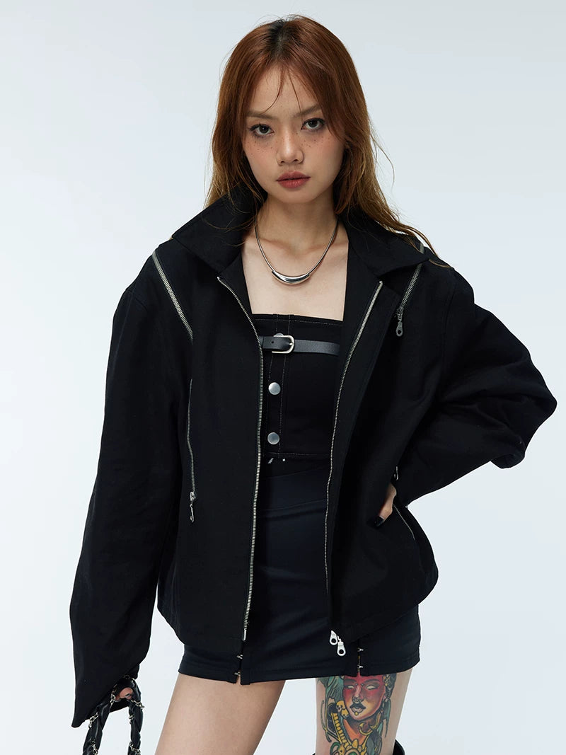 Unisex Two-Tone Irregular Short Multi-Zip Jackets