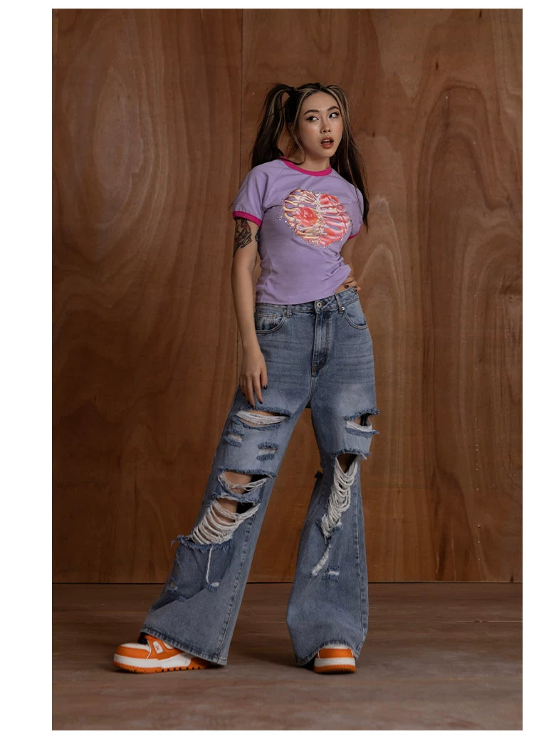 Slim Purple Heart Skeleton Rhinestone Tee