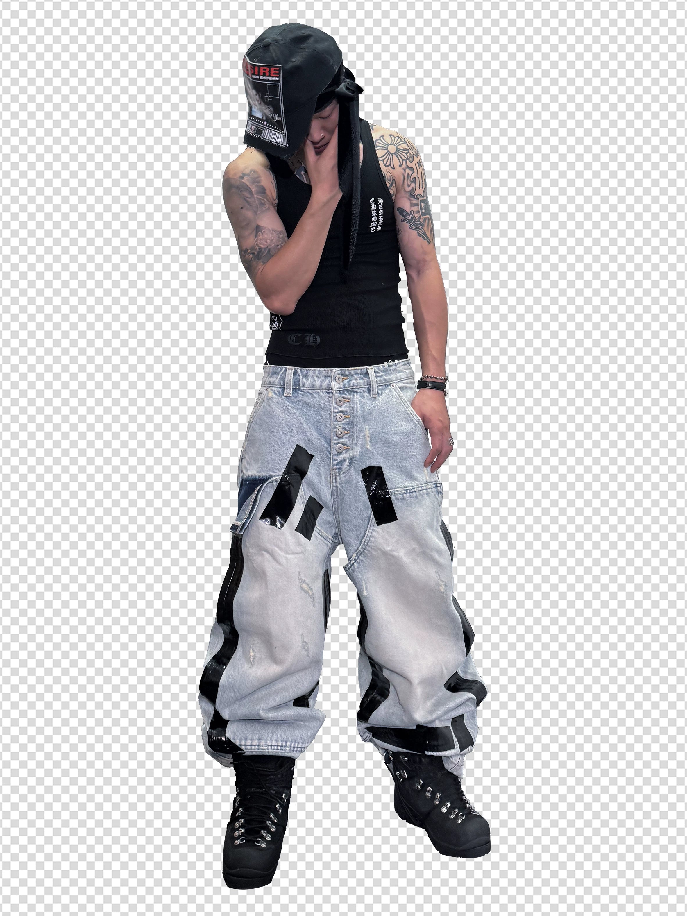 Washed Destroyed Black Tape Patched Jeans