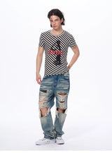 Letter Print Striped Short Sleeve Tees