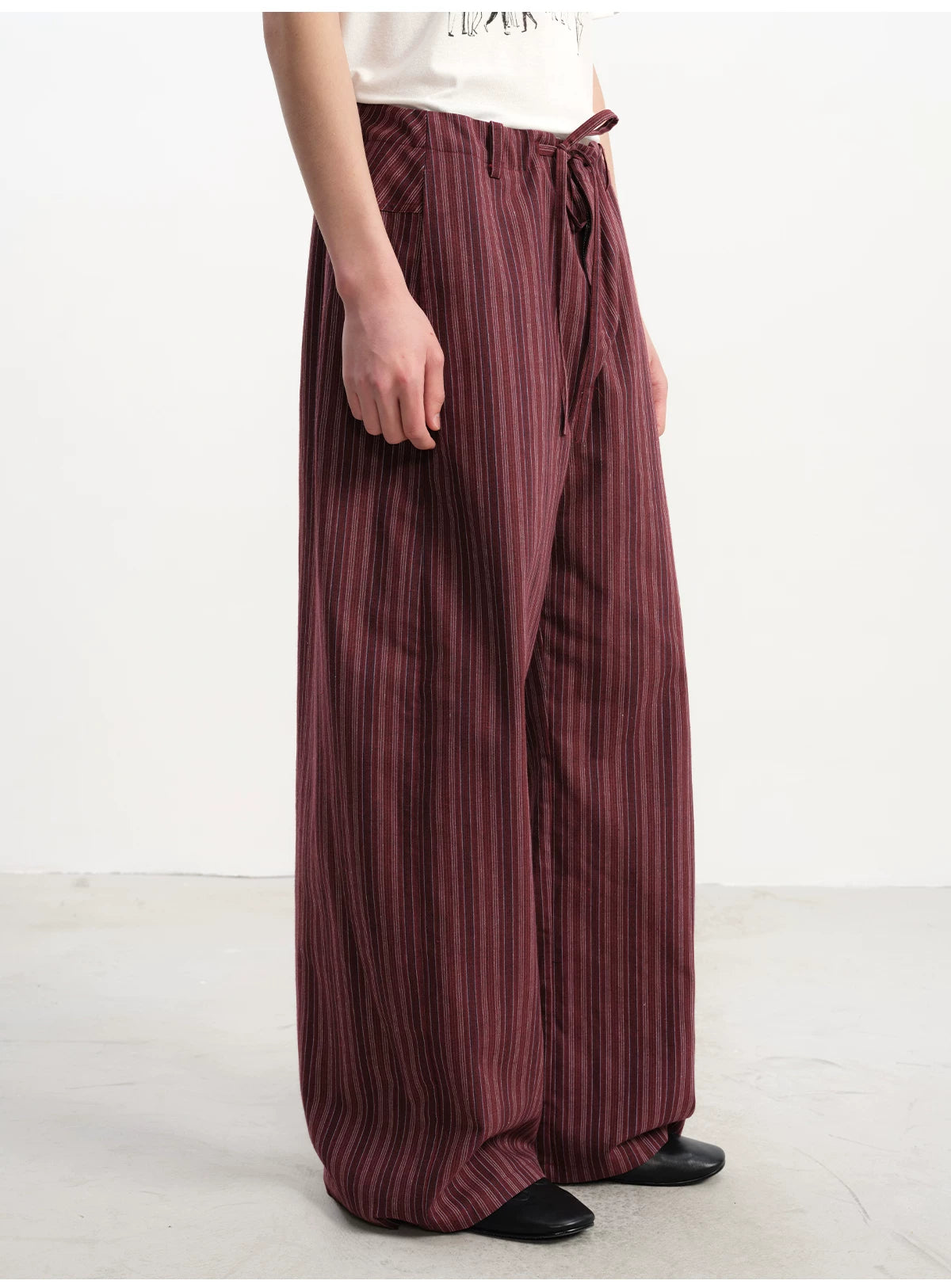 Tie-Front Striped Pleated Linen Pants