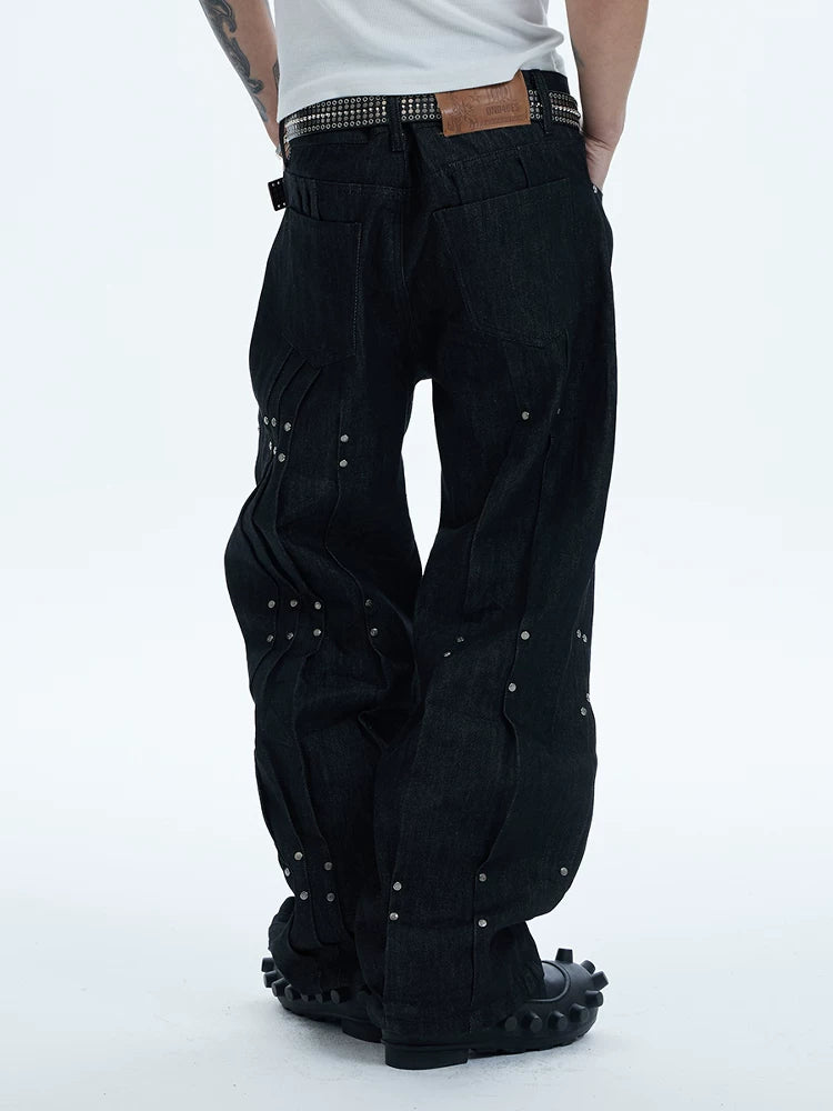 Asymmetric Pleated Studded Raw Denim Jeans