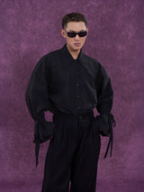 Men's Long-Sleeve Black-and-White Ruffled Sash Shirt