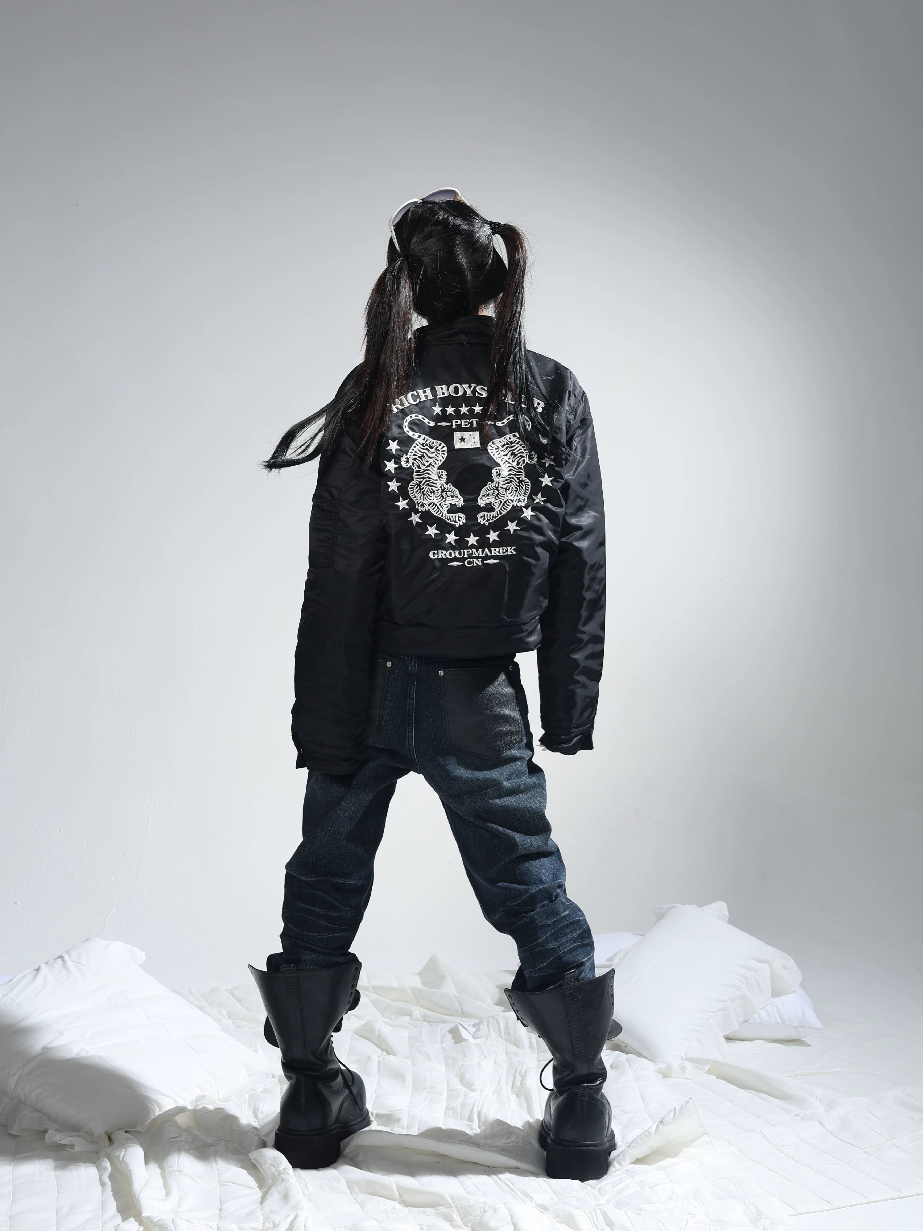 Dark Blue Whiskered Leather Straight-Leg Jeans