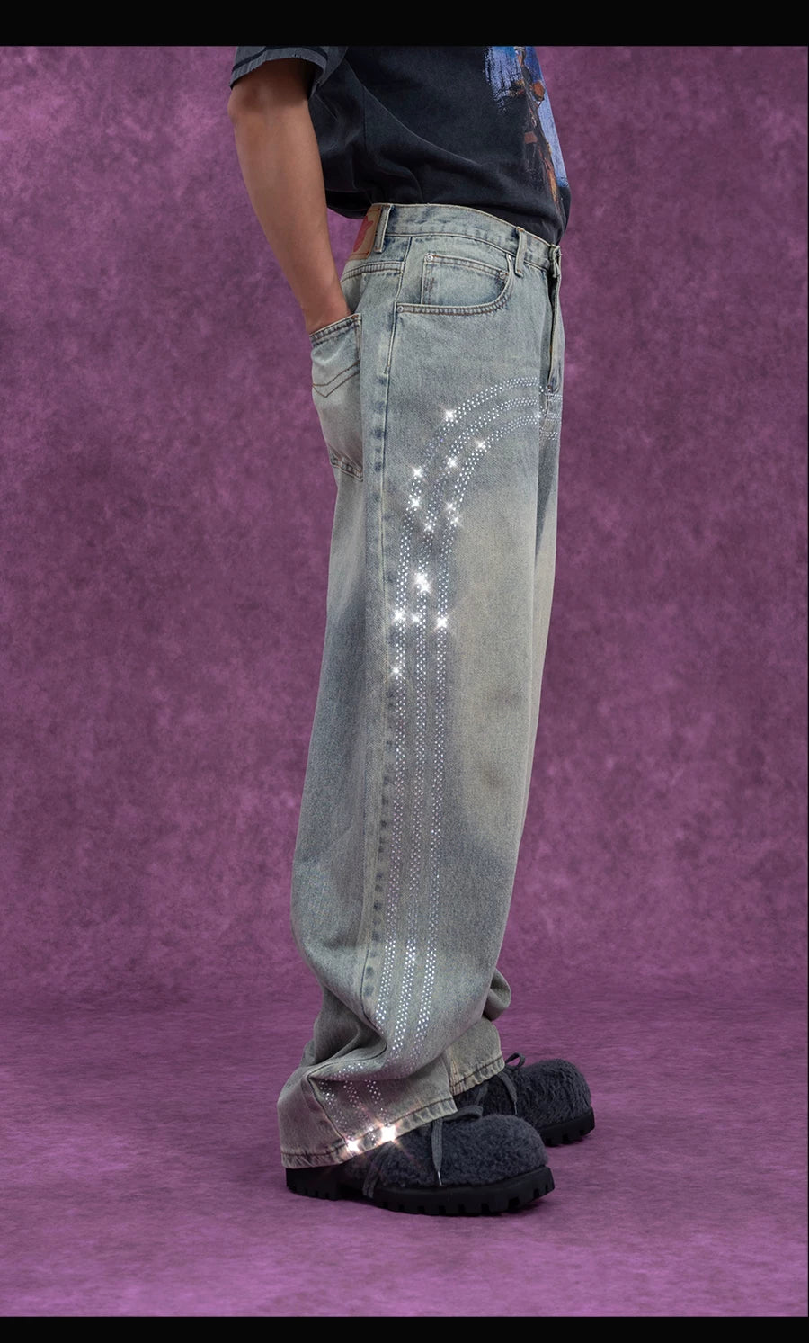 Men's Vintage Light Blue Sequined Jeans