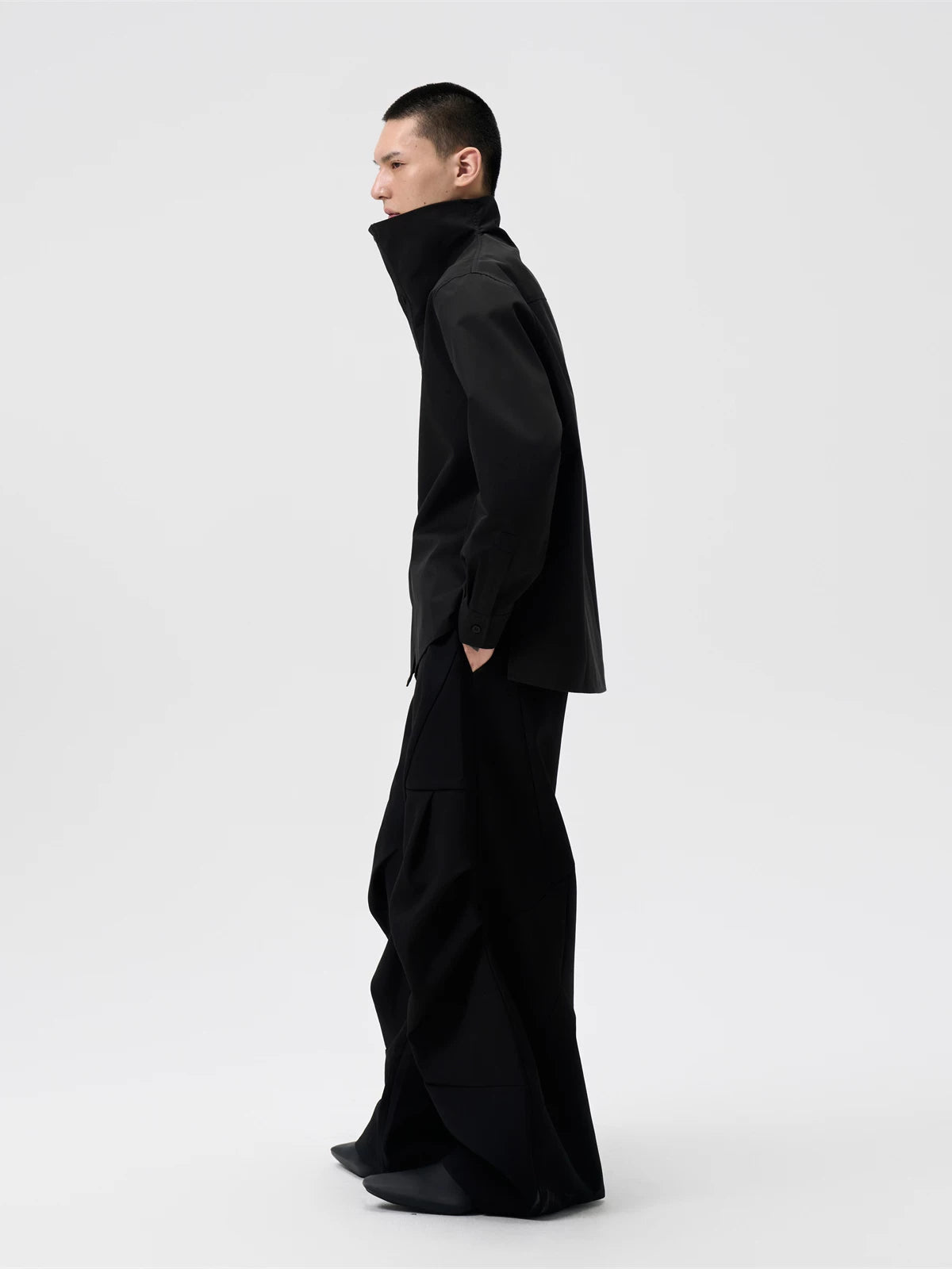 Black Oversized Stand Collar Shirt Jacket