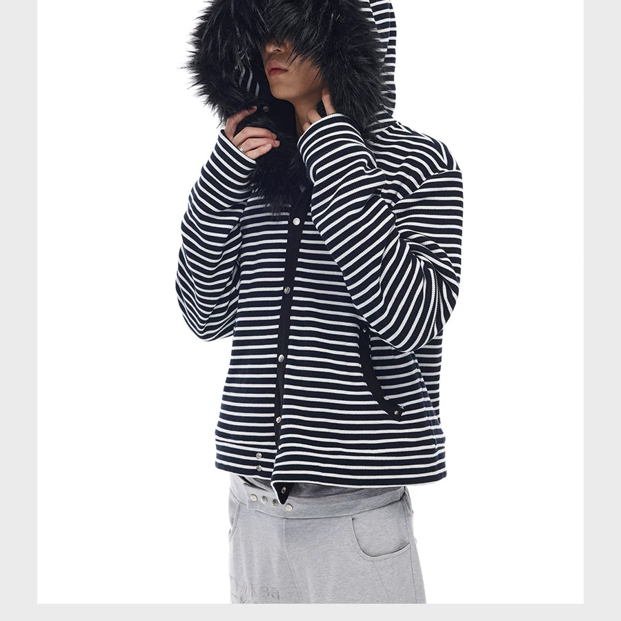 Men's Striped Fur Collar Hoodie