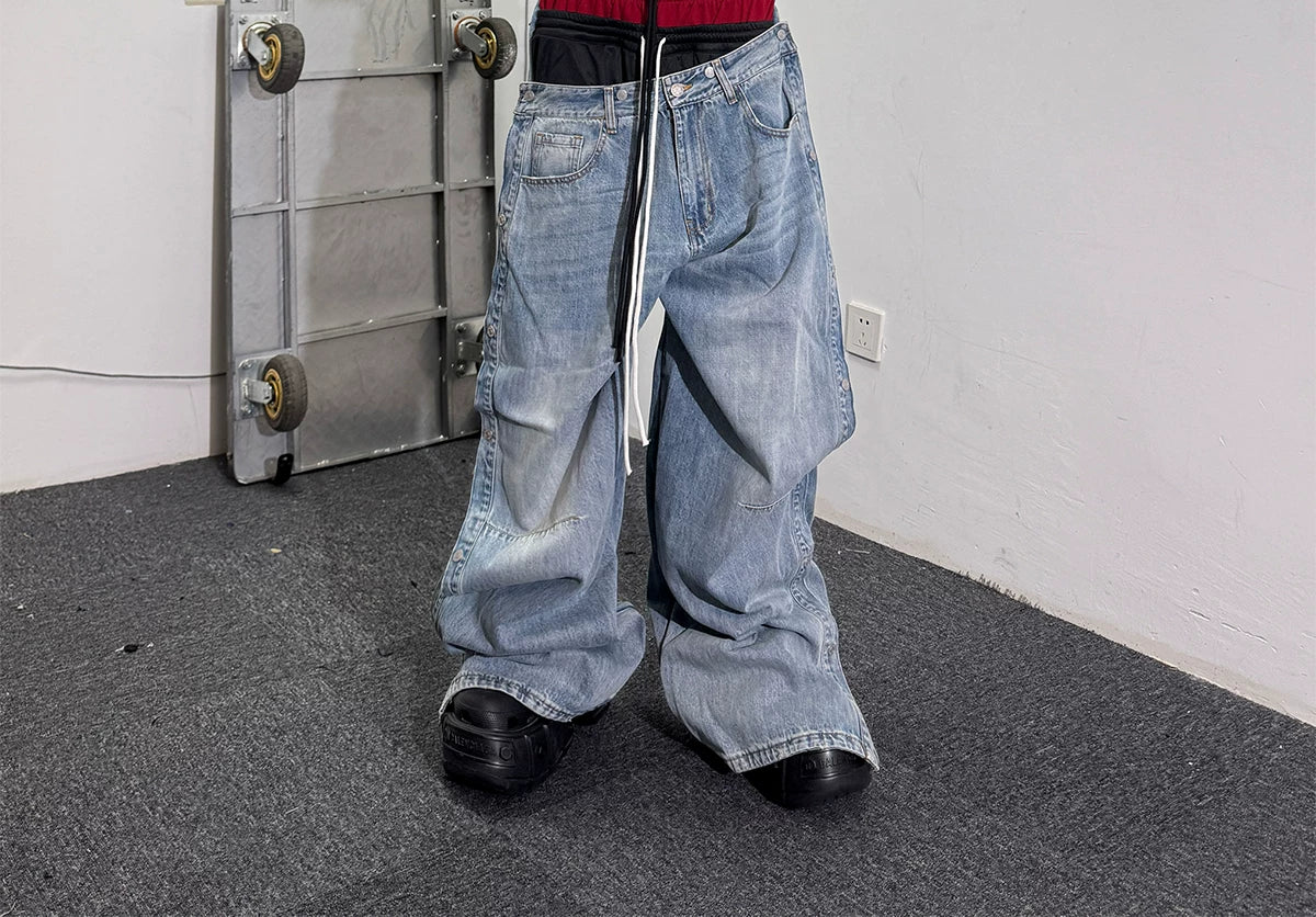 Double Waistband Drawstring Washed Blue Jeans